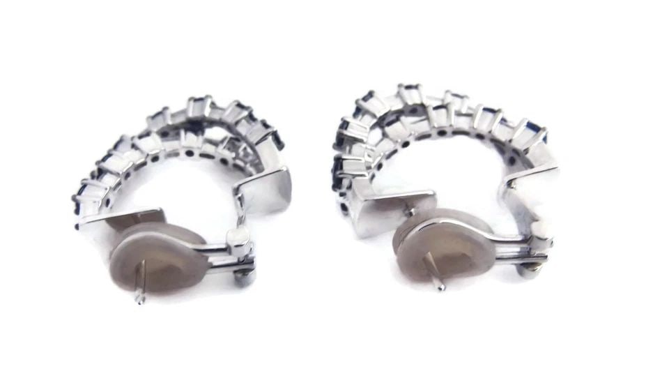 DIAMOND & SAPPHIRE GOLD EARRINGS 18K WHITE DOUBLE CROSSOVER LARGE HOOPS (1 of 2)