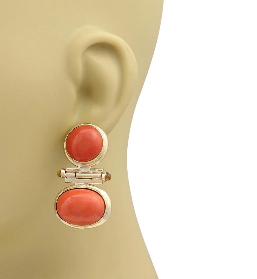 VINTAGE CORAL CITRINE EARNING 14K YELLOW GOLD DROP DANGLE: VINTAGE CORAL CITRINE EARNING 14K YELLOW GOLD DROP DANGLE Vintage Coral Citrine 14k Yellow Gold Drop Dangle Earrings Description This lovely pair of vintage earrings are crafted from 14k yellow gold w