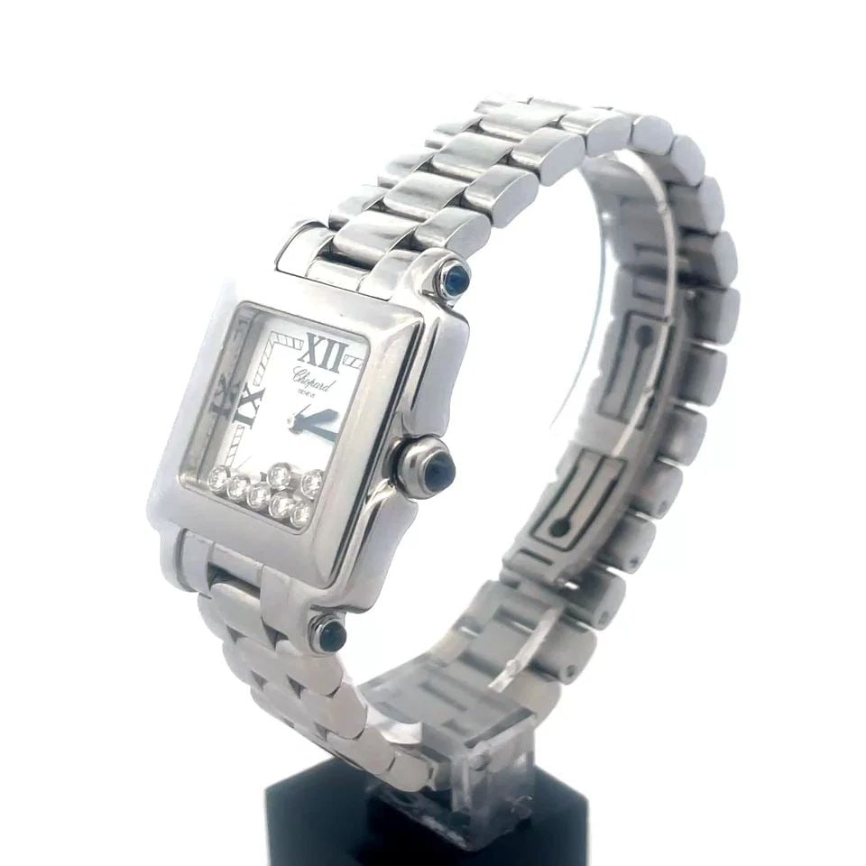 CHOPARD HAPPY SPORT WRISTWATCH LADIES STEEL 7 FLOATING DIAMONDS SQAURE: CHOPARD HAPPY SPORT WRISTWATCH LADIES STEEL 7 FLOATING DIAMONDS SQAURE This Chopard Happy Sport wristwatch is a luxurious timepiece designed specifically for women, the square case and band is crafted