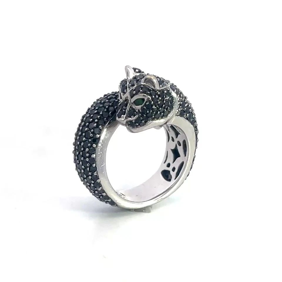 SONIA BITTON GOLD PANTHER RING 3.50CT BLACK DIAMOND 14K WHITE BYPASS STYLE: SONIA BITTON GOLD PANTHER RING 3.50CT BLACK DIAMOND 14K WHITE BYPASS STYLE This Sonia Bitton gold panther ring is a stunning piece of jewelry that showcases black diamonds in pave setting, the ring is