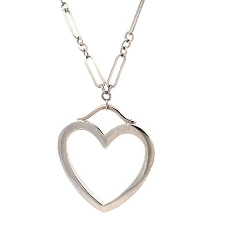 TIFFANY & CO. SENTIMENTAL NECKLACE 18K WHITE GOLD LARGE HEART PENDANT: TIFFANY & CO. SENTIMENTAL NECKLACE 18K WHITE GOLD LARGE HEART PENDANT This authentic pendant and chain necklace is from Tiffany & Co. It is crafted from 18k white gold with a high polished finish. The