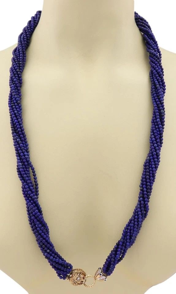 BEAD NECKLACE 14K GOLD DIAMOND LAPIS & GEMSTONES MULTI-STRAND LION VINTAGE (1 of 2)