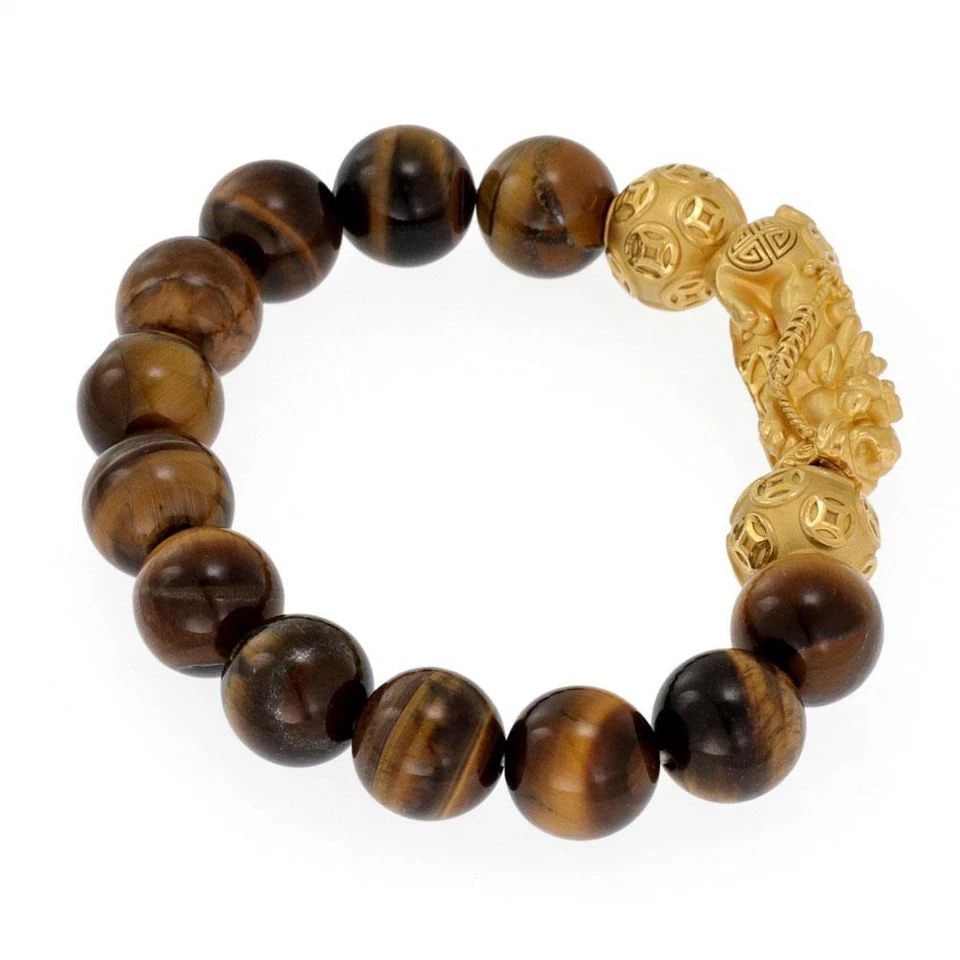 TIGER'S EYE BEAD 24K YELLOW GOLD FOO DOG& BALL CHARM STRETCH BAND BRACELET (1 of 2)