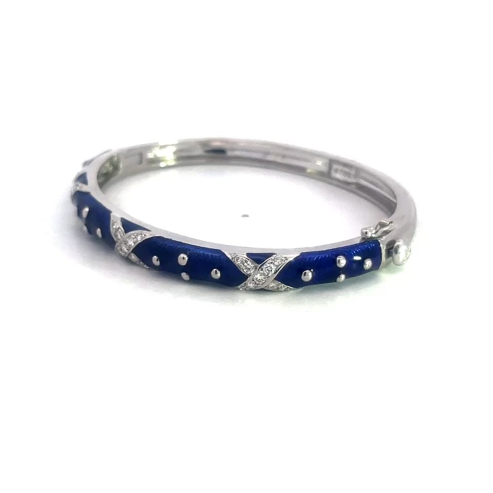 HIDALGO DIAMOND GOLD BANGLE BLUE ENAME 18K WHITE HINGED X DESIGN OVAL SHAPE (1 of 2)