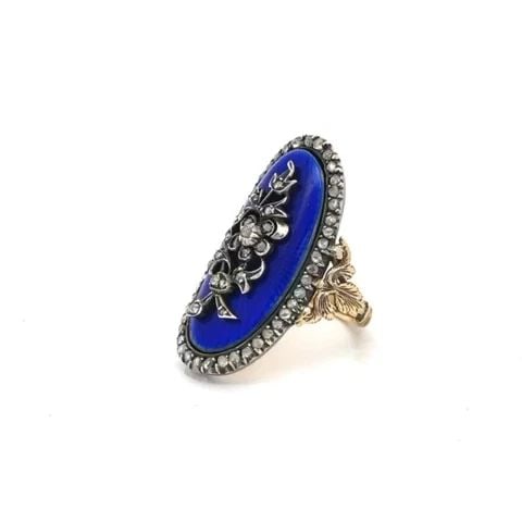 EDWARDIAN DIAMOND RING 16K GOLD SILVER ENAMEL FLORAL STYLE LONG TOP (1 of 2)