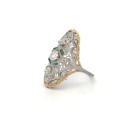 ART DECO DIAMOND PLATINUM PALLADIUM 14K GOLD LONG FILIGREE RING: ART DECO DIAMOND PLATINUM PALLADIUM 14K GOLD LONG FILIGREE RING This beautiful Art Deco ring has a mixture of platinum with palladium and 14k yellow gold around the elongated dome shape. The dome has 