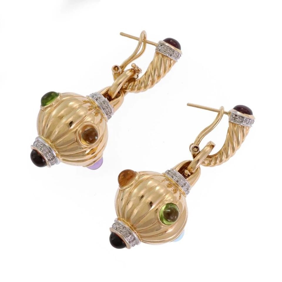 DIAMOND MULTICOLOR GEMS EARRINGS 14K GOLD RIBBED DISCO BALL DROP (1 of 1)