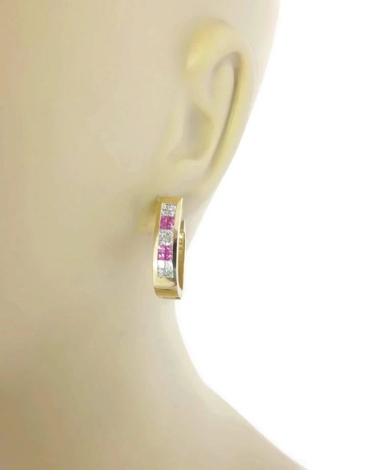 DIAMONDS PINK SAPPHIRE GOLD EARRINGS 18K YELLOW HOOP STYLE: DIAMONDS PINK SAPPHIRE GOLD EARRINGS 18K YELLOW HOOP STYLE These Diamonds & Pink Sapphire Gold Earrings are a stunning pair of 18k yellow gold hoop-style earrings with a snap closure. The main stone i