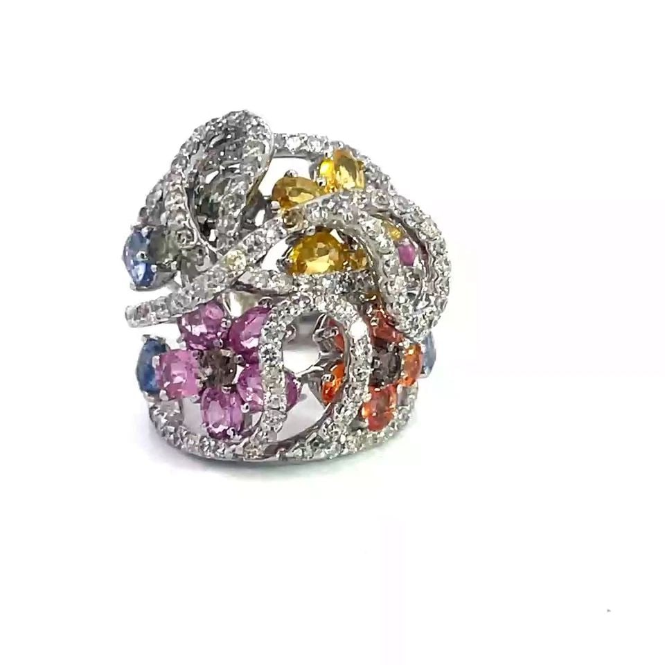 DIAMOND SAPPHIRES GOLD RING 18K WHITE MULTICOLOR FLORAL DOME STYLE (1 of 2)