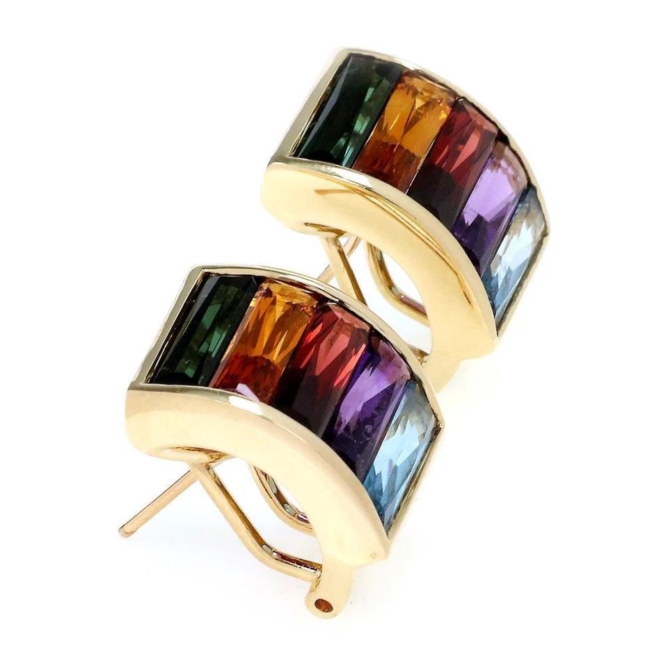 BEAUTIFUL MULTI COLOR TOURMALINE 18K YELLOW GOLD WIDE CURVED POST CLIP EARRINGS: BEAUTIFUL MULTI COLOR TOURMALINE 18K YELLOW GOLD WIDE CURVED POST CLIP EARRINGS Beautiful Multi color Tourmaline 18k Yellow Gold Wide Curved Post Clip Earrings Description This is a beautiful pair of 