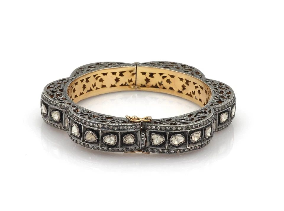 ART DECO STYLE 5.50CT CHAMPAGNE DIAMOND 14K GOLD & SILVER FANCY FILIGREE BANGLE (1 of 2)