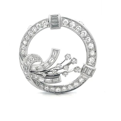 DIAMOND WREATH BROOCH PLATINUM 2 CARATS FLORAL SPRIG PENDANT: DIAMOND WREATH BROOCH PLATINUM 2 CARATS FLORAL SPRIG PENDANT This is a gorgeous brooch or pendant, it is crafted from platinum with a 4mm wide band open circle 31mm diameter. The frame has round cut d