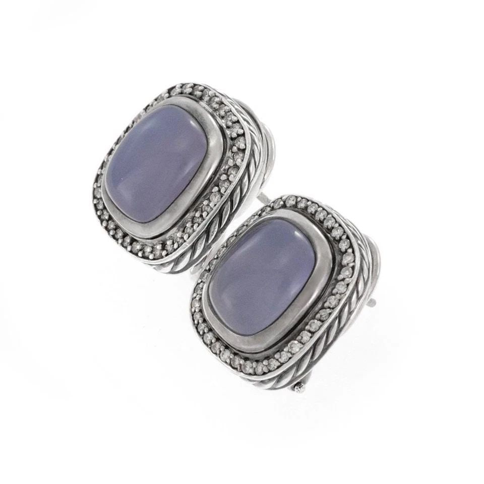 DAVID YURMAN OVAL HUGGIE EARRINGS NOBLESSE DIAMOND BLUE STONE STERLING SILVER (1 of 2)