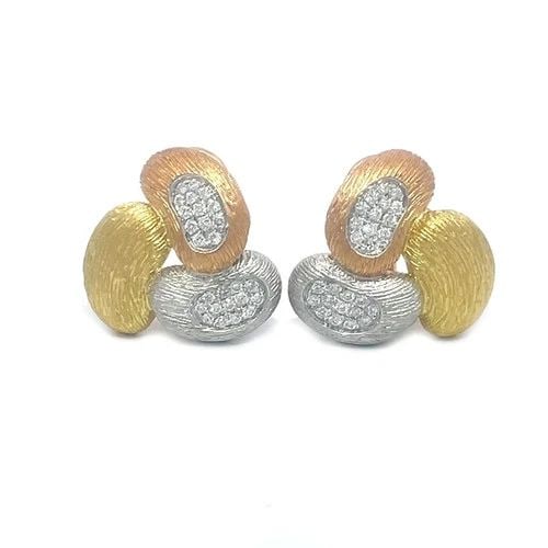 DIAMOND GOLD EARRINGS 18K TRI-COLOR TRIPLE BEAN POST CLIP HUGGIE STYLE: This lovely pair of diamond and gold earrings are a fine pair of 18k tri-color gold featuring a unique triple bean joined together with a fine textured finish and the rose and white gold are accented 