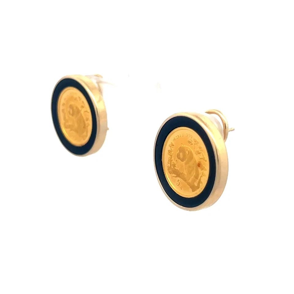 PANDA COIN 24K GOLD EARRINGS ONYX 14K YELLOW ROUND FRAME POST CLIP (1 of 2)
