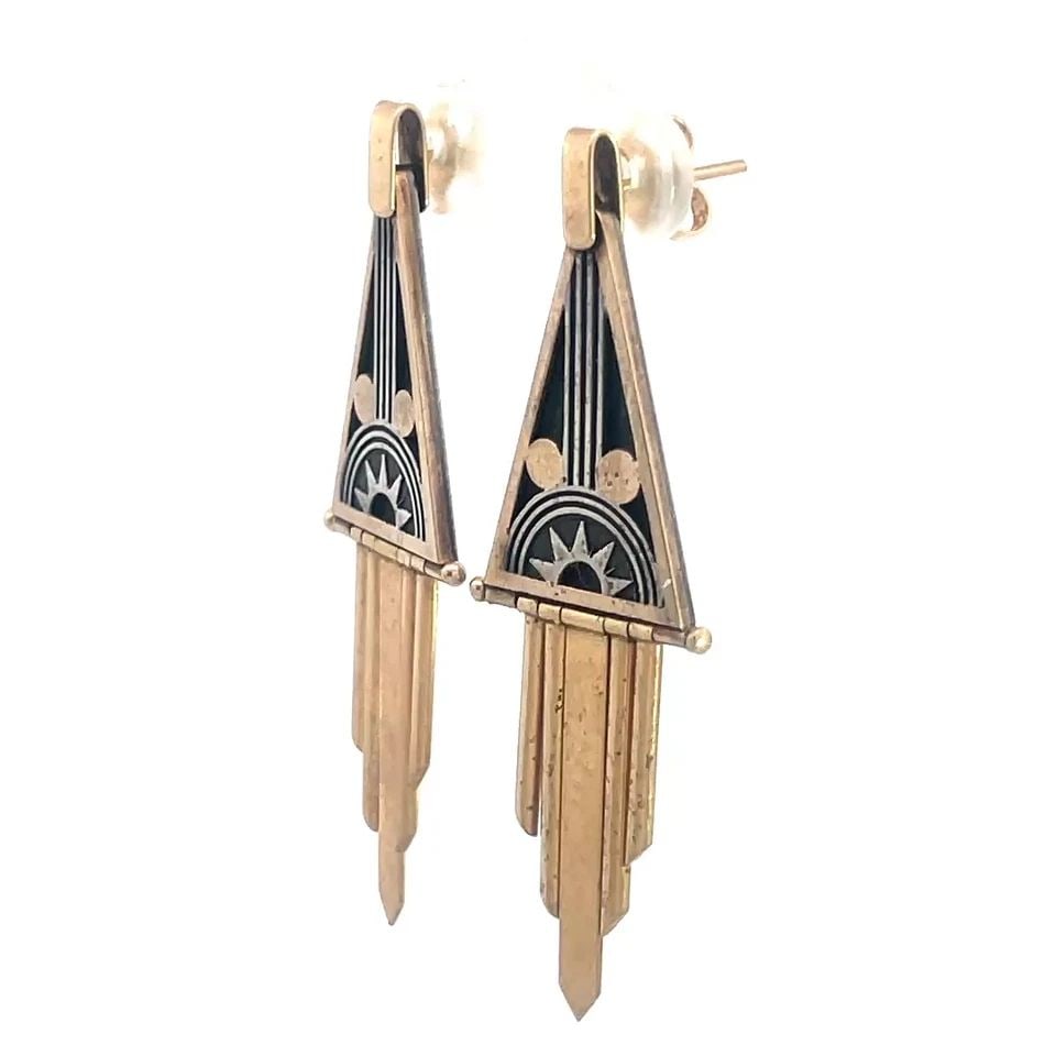 ART DECO GOLD SILVER EARRINGS HAND MADE 14K YELLOW DANGLE STYLE: ART DECO GOLD SILVER EARRINGS HAND MADE 14K YELLOW DANGLE STYLE This Art Deco pair of earrings features a unique rhombus shape with dangling assorted size bars below. In 14k yellow gold with silver ac