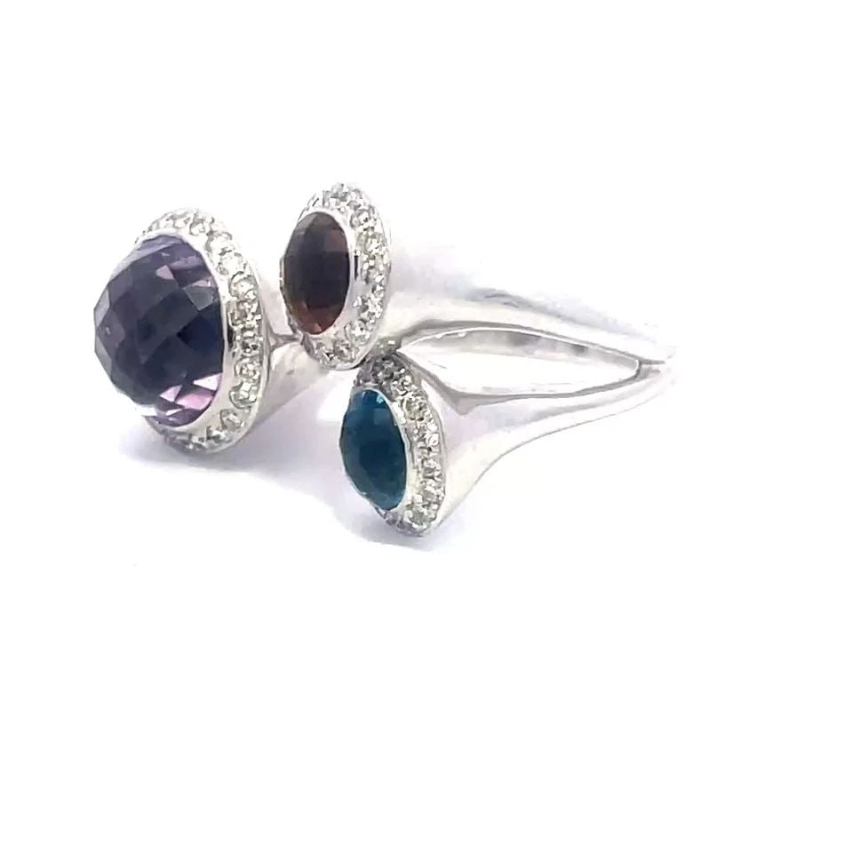 DIAMOND TOI ET MOI 18K GOLD RING MULTI-COLOR GEMS HALO TRIPLE FOCAL STYLE (1 of 2)