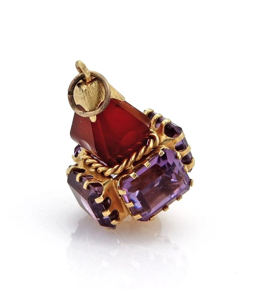 AMETHYST GOLD FOB CHARM PENDANT VINTAGE 18K YELLOW DANGLE STYLE (1 of 2)