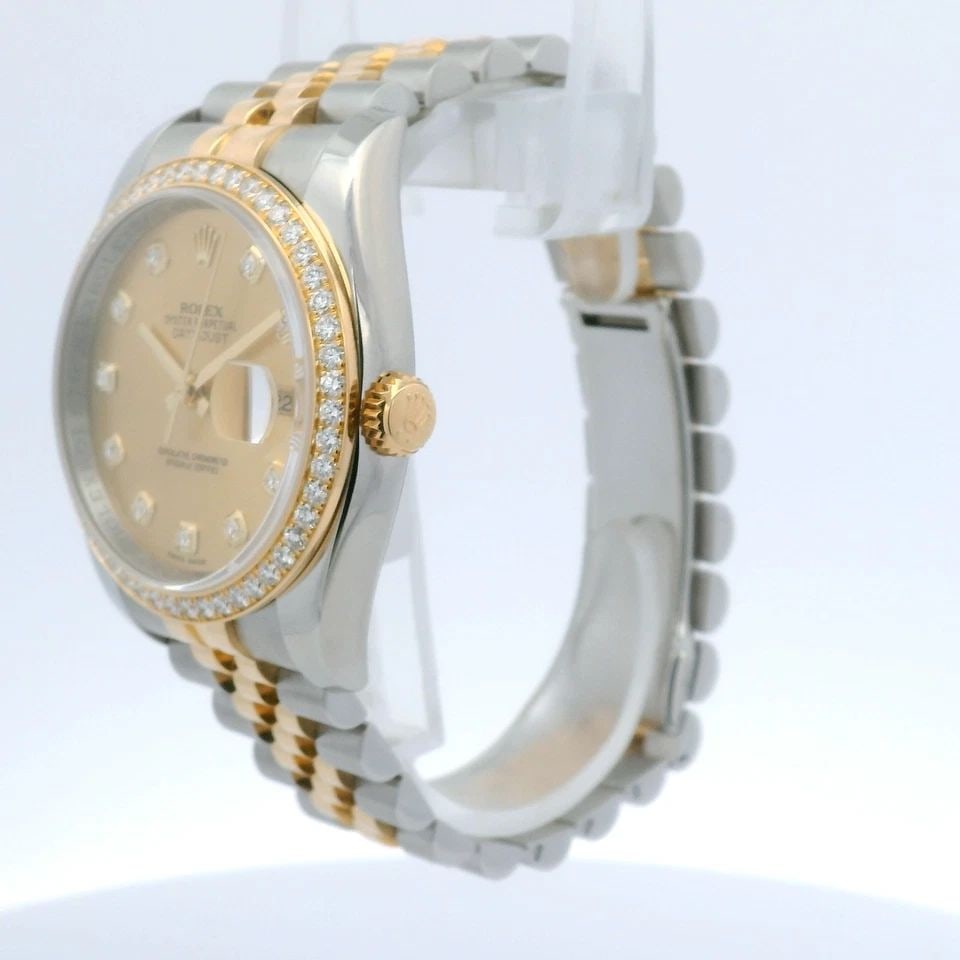 ROLEX DATEJUST 18K TWO TONE 36MM CHAMPAGNE DIAMOND DIAL WATCH BOX PAPERS 116243: ROLEX DATEJUST 18K TWO TONE 36MM CHAMPAGNE DIAMOND DIAL WATCH BOX PAPERS 116243 Description Rolex Datejust 18k Two Tone 36mm Champagne Diamond Dial Watch Box Papers 116243 The watch has been used prev