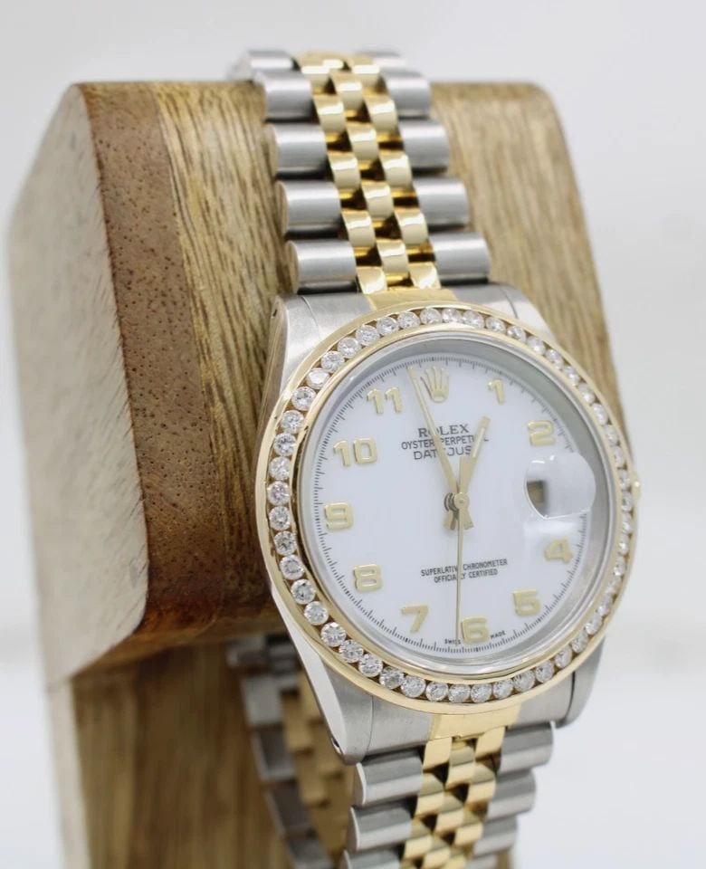 1990 ROLEX DATEJUST TWO-TONE 36MM WHITE DIAL DIAMOND BEZEL WATCH 16233 (1 of 2)