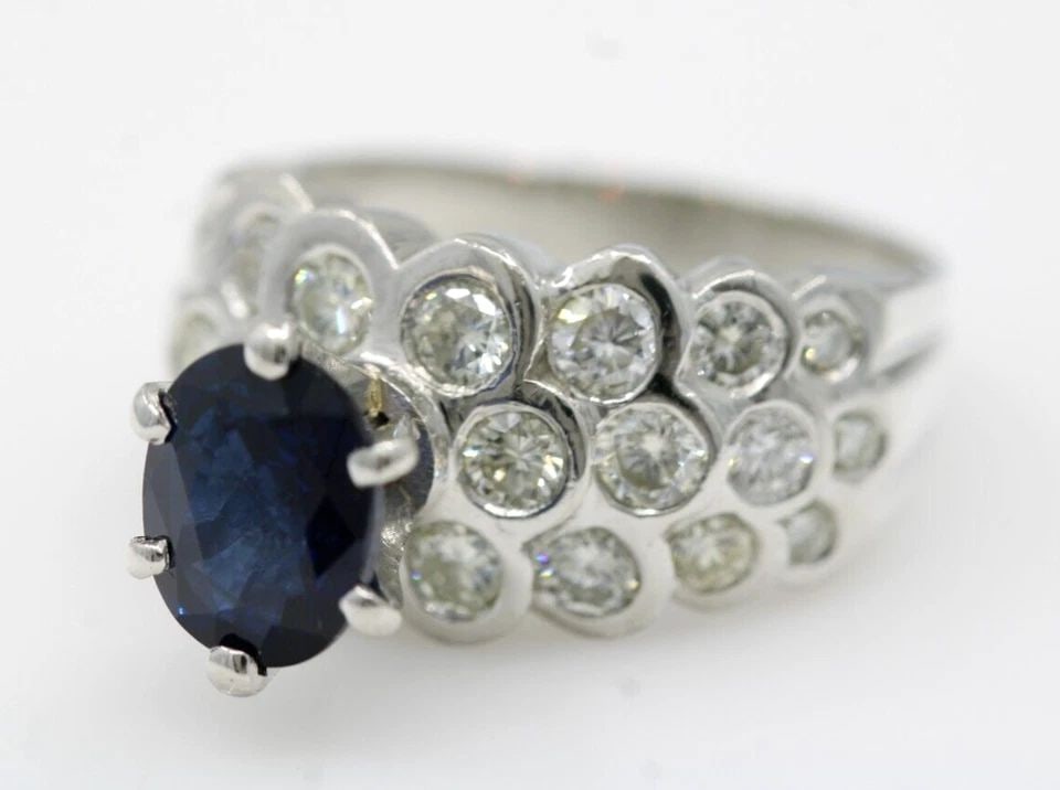 PLATINUM 3.35 TCW BLUE SAPPHIRE & NATURAL DIAMOND RING SIZE 7.5 - 14.3 GRAMS: PLATINUM 3.35 TCW BLUE SAPPHIRE & NATURAL DIAMOND RING SIZE 7.5 - 14.3 GRAMS PLATINUM 3.35 TCW BLUE SAPPHIRE & NATURAL DIAMOND RING SIZE 7.5 - 14.3 GRAMS Description Platinum 3.35 TCW Blue Sapphire & 
