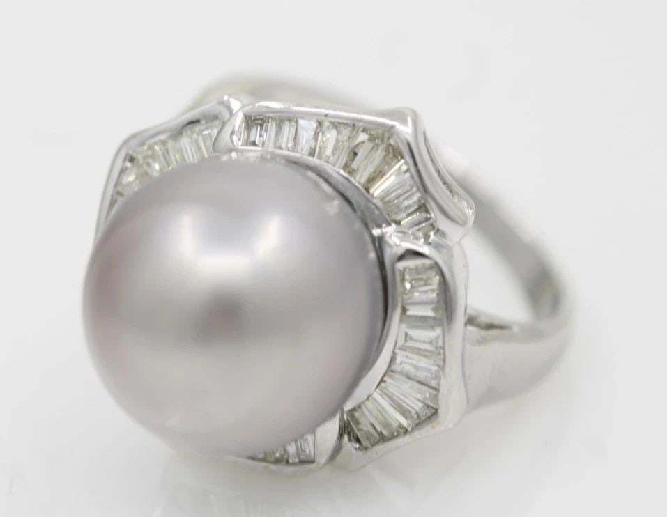 18K WHITE GOLD SOUTH SEA PEARL & BAGUETTE DIAMOND HALO COCKTAIL RING SZ 6 - 9.4G (1 of 2)