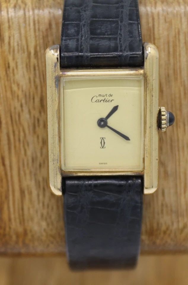 CARTIER MUST DE TANK STERLING VERMEIL 20MM X 28MM LEMON DIAL MANUAL WIND WATCH (1 of 2)
