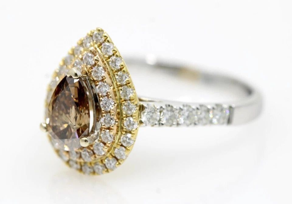 18K WHITE GOLD 1.75 TCW NATURAL CHOCOLATE PEAR DIAMOND DOUBLE HALO RING SIZE 8 (1 of 2)