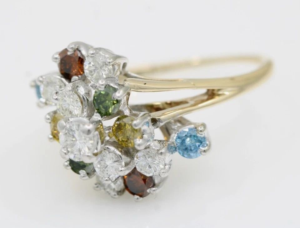 14K YELLOW GOLD WHITE AND COLOR TREATED DIAMOND CLUSTER RING SIZE 10 - 6.4 GRAMS (1 of 2)