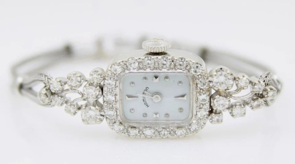 VINTAGE HAMILTON 14K WHITE GOLD DIAMOND MECHANICAL LADIES WATCH 5.5" ~ 14GR (1 of 2)