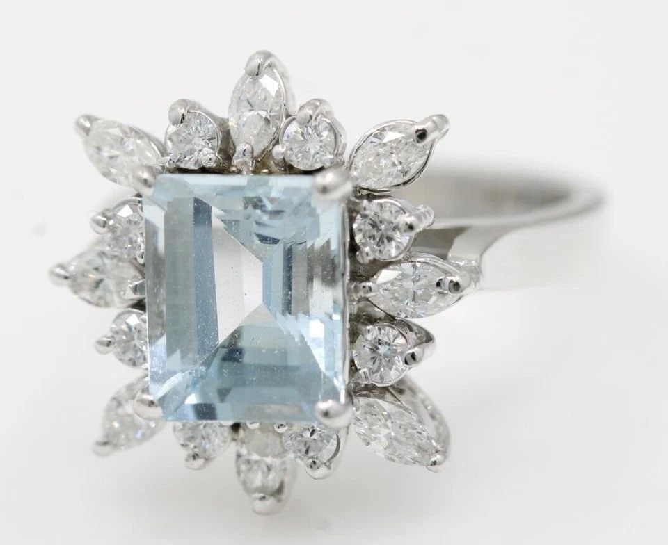 14K WHITE GOLD 4 TCW AQUAMARINE & NATURAL DIAMOND STATEMENT RING SIZE 8 - 7.4 G (1 of 1)