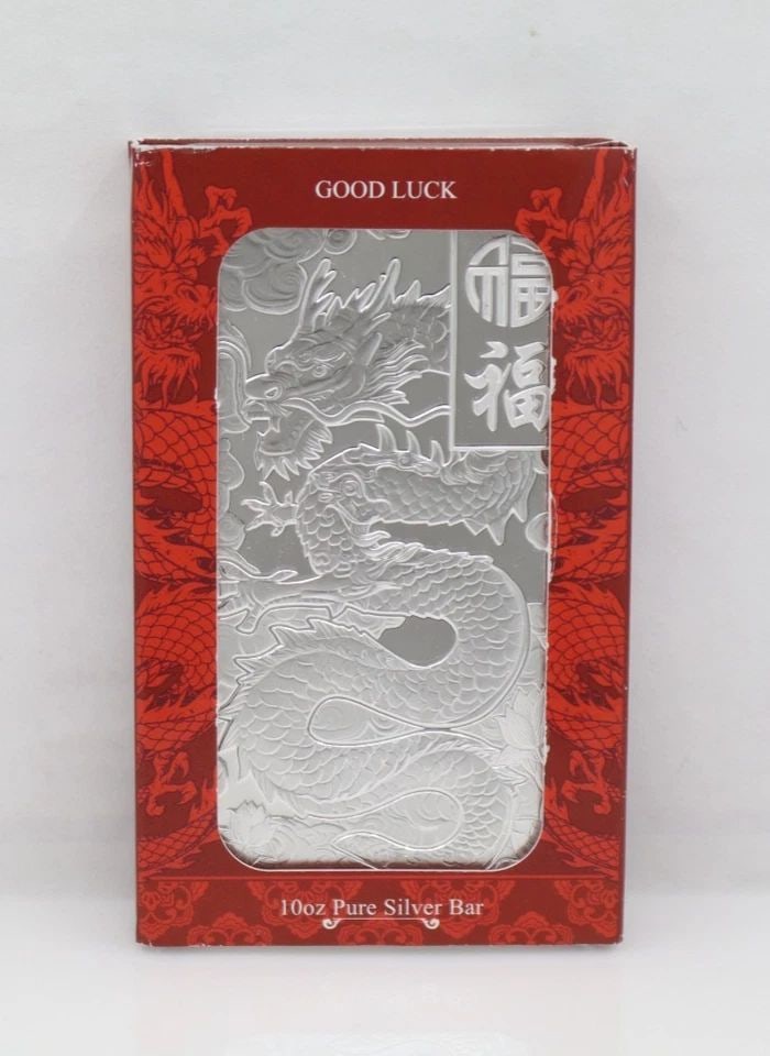 PAMP GOOD LUCK LUNAR DRAGON 10 OZ SILVER BAR .999 FINE SILVER: PAMP GOOD LUCK LUNAR DRAGON 10 OZ SILVER BAR .999 FINE SILVER Description PAMP Good Luck Lunar Dragon 10 Oz Silver Bar .999 Fine Silver Bullion is in uncirculated condition. Packaging shows signs of w