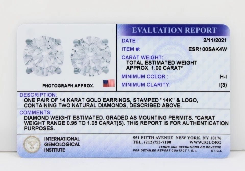 14K WHITE GOLD IGI CERT 1 TCW NATURAL DIAMOND STUD SCREW BACK EARRINGS: 14K WHITE GOLD IGI CERT 1 TCW NATURAL DIAMOND STUD SCREW BACK EARRINGS 14K WHITE GOLD IGI CERT 1 TCW NATURAL DIAMOND STUD SCREW BACK EARRINGS Description 14K White Gold IGI Cert 1 TCW Natural Diamond 
