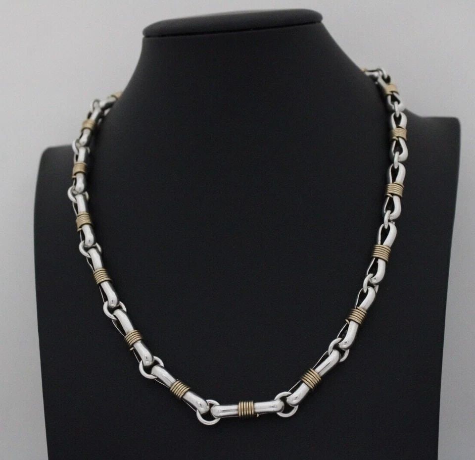 UNIQUE 14K GOLD & STERLING SILVER 7MM HANDMADE CHAIN 18" NECKLACE ~ 80.8 GRAMS: UNIQUE 14K GOLD & STERLING SILVER 7MM HANDMADE CHAIN 18" NECKLACE ~ 80.8 GRAMS UNIQUE 14K GOLD & STERLING SILVER 7MM HANDMADE CHAIN 18" NECKLACE ~ 80.8 GRAMS Description Unique 14K Gold & Sterling Sil