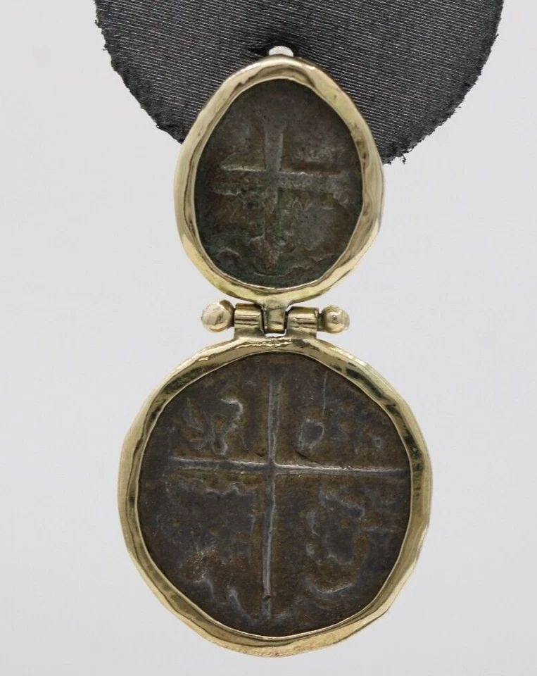 14K YELLOW GOLD & STERLING SILVER SPANISH REALES COIN DANGLE EARRINGS 7.9 GRAMS (1 of 2)