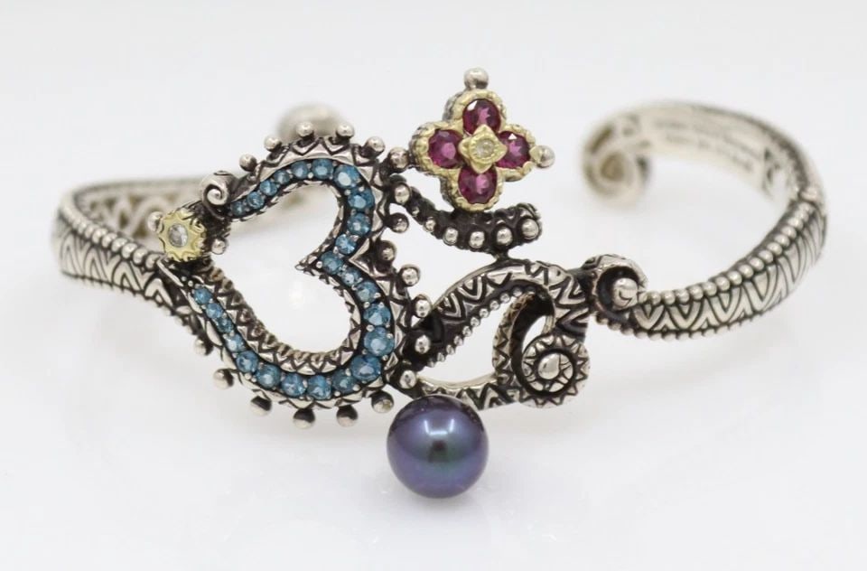 BARBARA BIXBY STERLING & 18K GOLD TOPAZ, PEARL & MULTI GEMSTONE CUFF BRACELET (1 of 2)