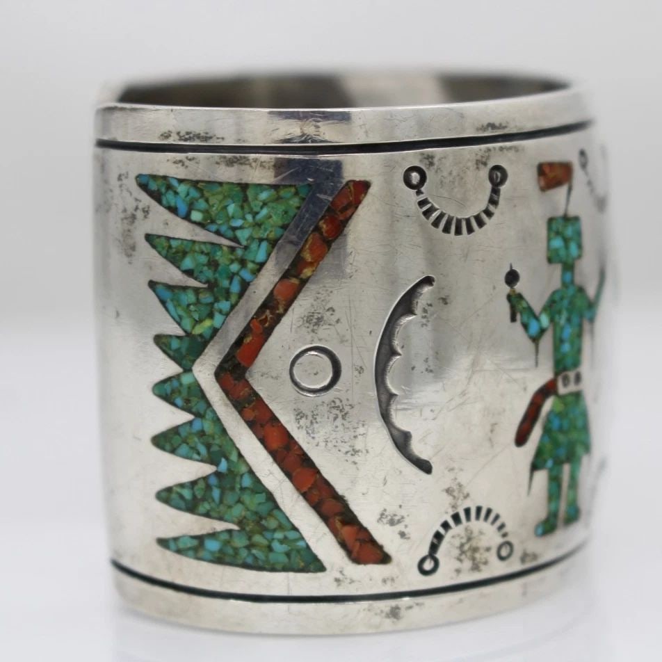 NAVAJO JAMES SHAY STERLING SILVER KACHINA TURQUOISE & CORAL INLAY CUFF BRACELET (1 of 1)