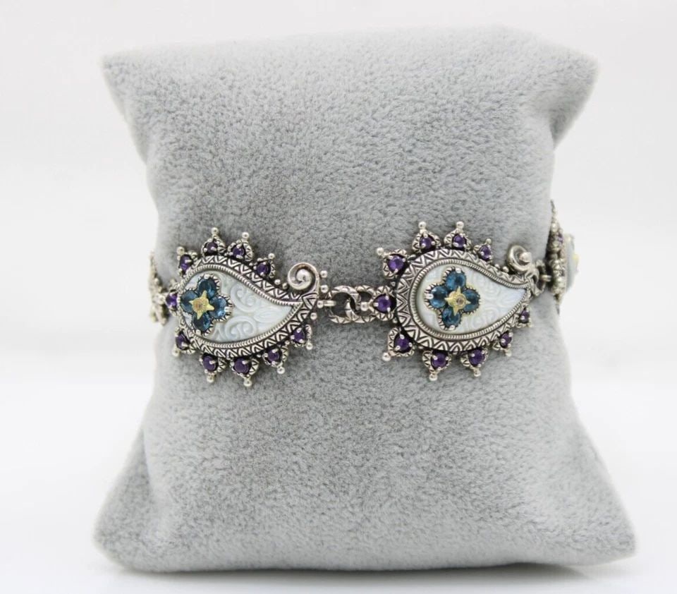 BARBARA BIXBY STERLING & 18K BLUE TOPAZ, AMETHYST, & MOP PAISLEY BRACELET 7" (1 of 1)