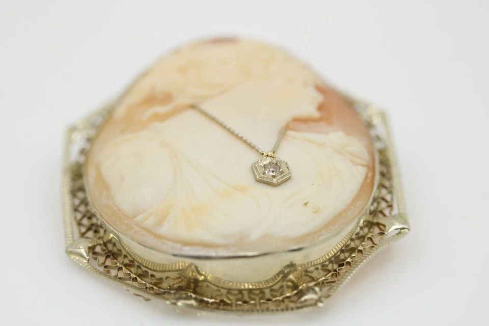 VINTAGE 14K YELLOW GOLD CARVED CAMEO DIAMOND PENDANT PIN BROOCH 11.5G (1 of 2)