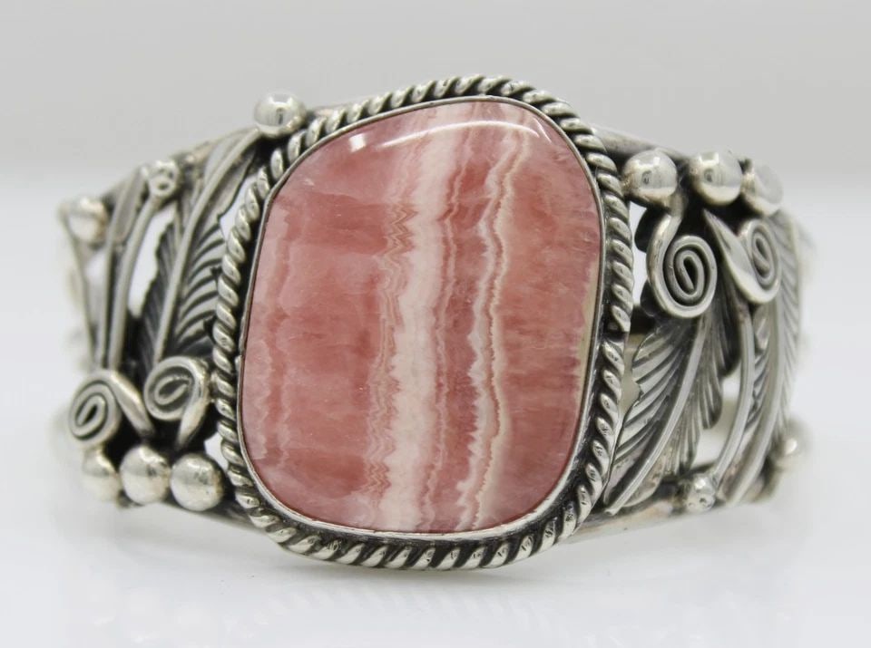GILBERT ADAKAI STERLING SILVER NAVAJO RHODOCHROSITE CUFF BRACELET 6" - 52.6 GR (1 of 2)