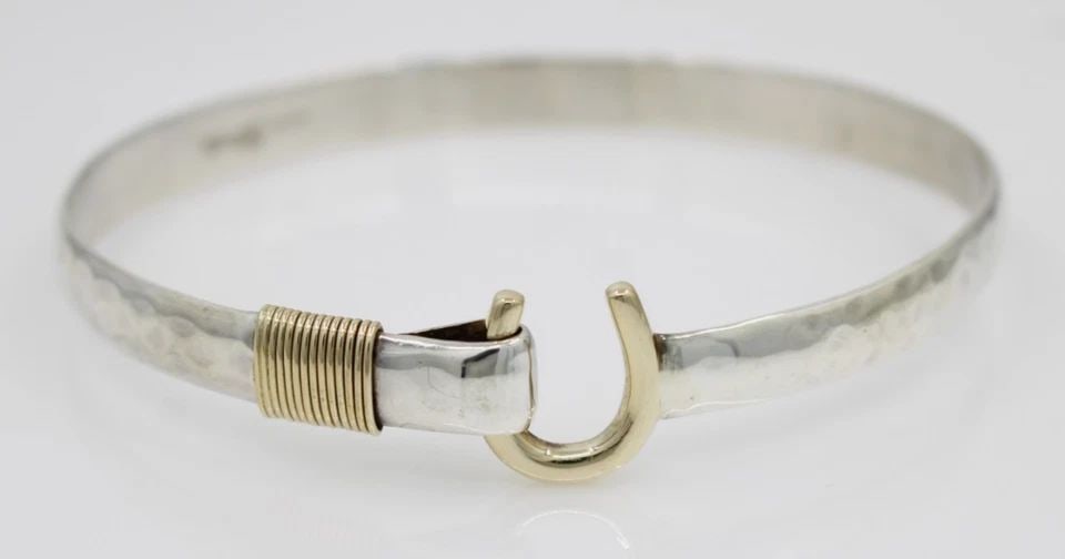 DESIGNER STERLING SILVER & 14K YELLOW GOLD 8MM HOOK BANGLE BRACELET 9" - 33.5 G (1 of 2)