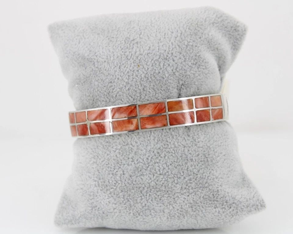 FEDERICO JIMENEZ STERLING RED ORANGE SPINY OYSTER SHELL INLAY CUFF BRACELET (1 of 1)