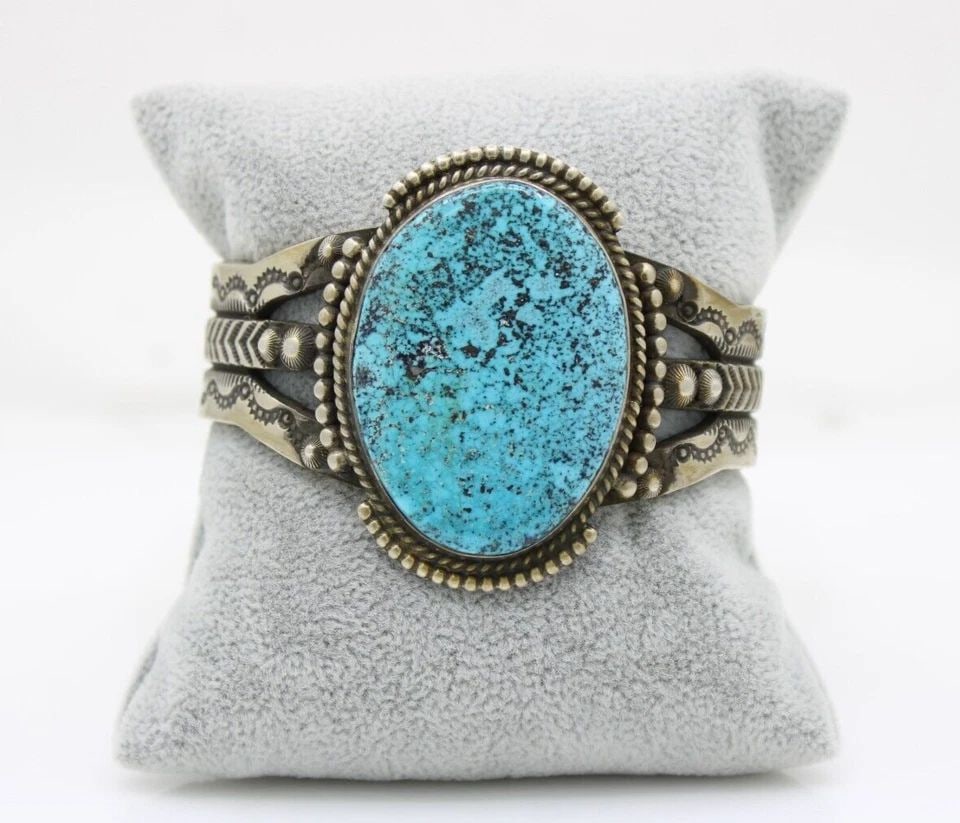 NAVAJO HS HERMON SMITH STERLING SILVER TURQUOISE CUFF BRACELET 7" - 104.2 GR (1 of 1)