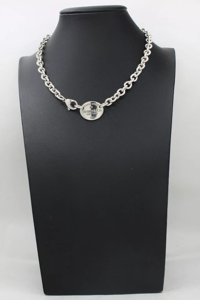 TIFFANY & CO. STERLING SILVER PLEASE RETURN OVAL TAG NECKLACE 16" W/ POUCH (1 of 2)