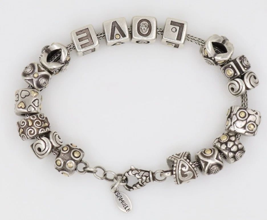 SAMUEL B BENHAM STERLING SILVER & 18K GOLD 17 CHARM BRACELET 7.5" TO 8" ~ 60.2G (1 of 1)