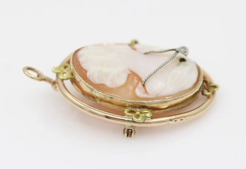 10K YELLOW GOLD CARVED SHELL CAMEO DIAMOND PENDANT BROOCH 7.1 GRAMS (1 of 2)