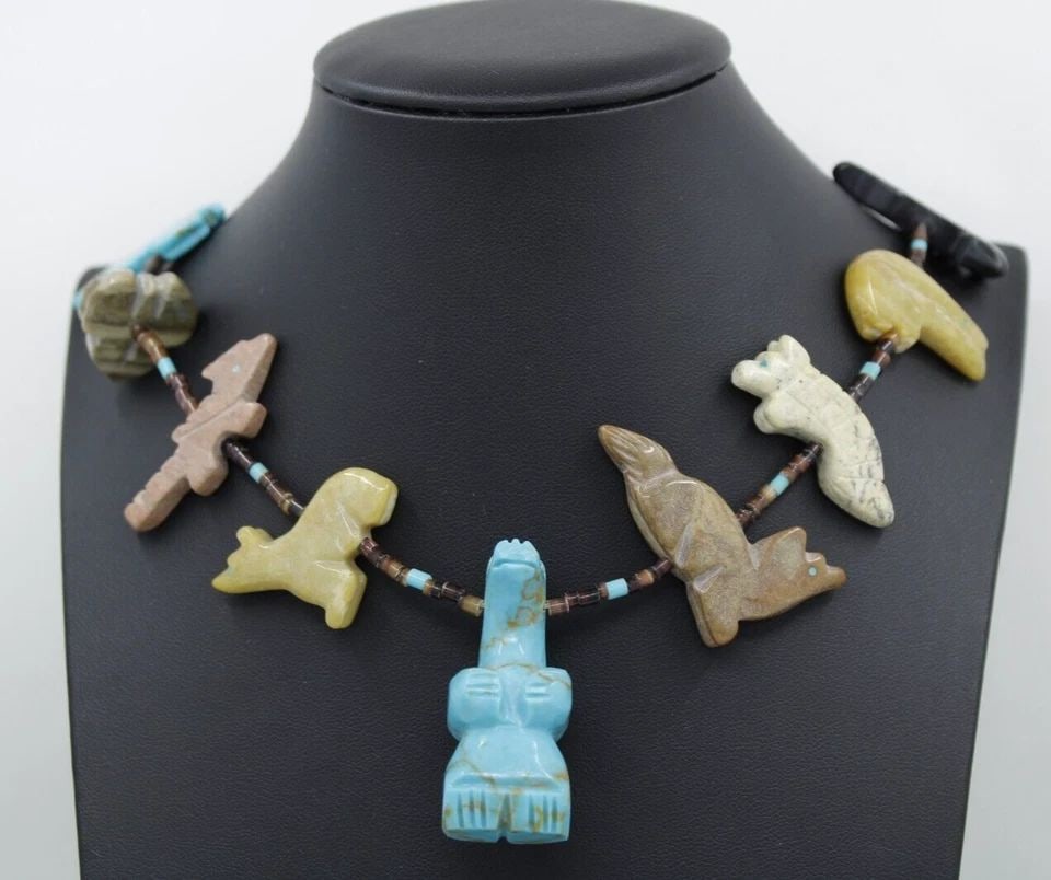 ZUNI FETISH HEISHI STERLING SILVER TURQUOISE BEAR WOLF BIRD ANIMAL 30" NECKLACE (1 of 2)