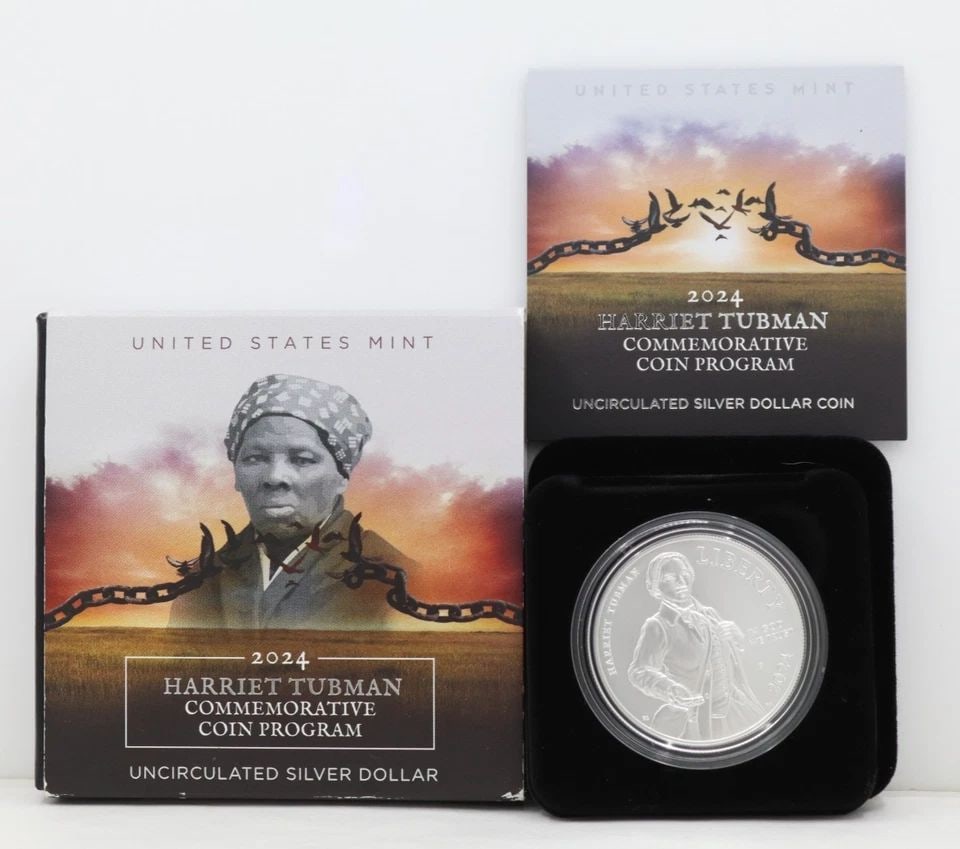 2024 U.S. HARRIET TUBMAN COMMEMORATIVE UNCIRCULATED SILVER DOLLAR IN BOX W/ COA: 2024 U.S. HARRIET TUBMAN COMMEMORATIVE UNCIRCULATED SILVER DOLLAR IN BOX W/ COA Description 2024 P U.S. $1 Harriet Tubman Commemorative Uncirculated Silver Dollar in Box w/ COA ***Stock Photos of Fron