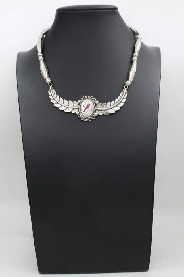 NAVAJO NILA COOK JOHNSON STERLING SILVER CORAL INLAY CARDINAL NECKLACE 15" (1 of 1)