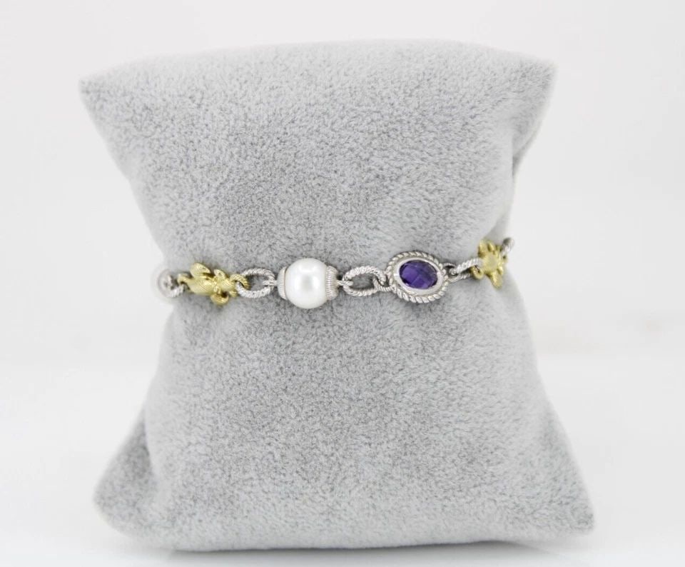 JUDITH RIPKA STERLING SILVER AMETHYST & PEARL FLEUR-DE-LIS BRACELET 7" ~ 14.3 G (1 of 1)